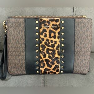 Michael Kors Black and Brown Leopard Accent Clutch